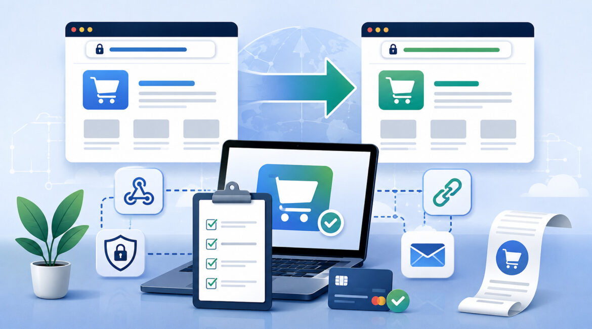 Online store domain migration with payment webhooks, return URLs, and receipt links